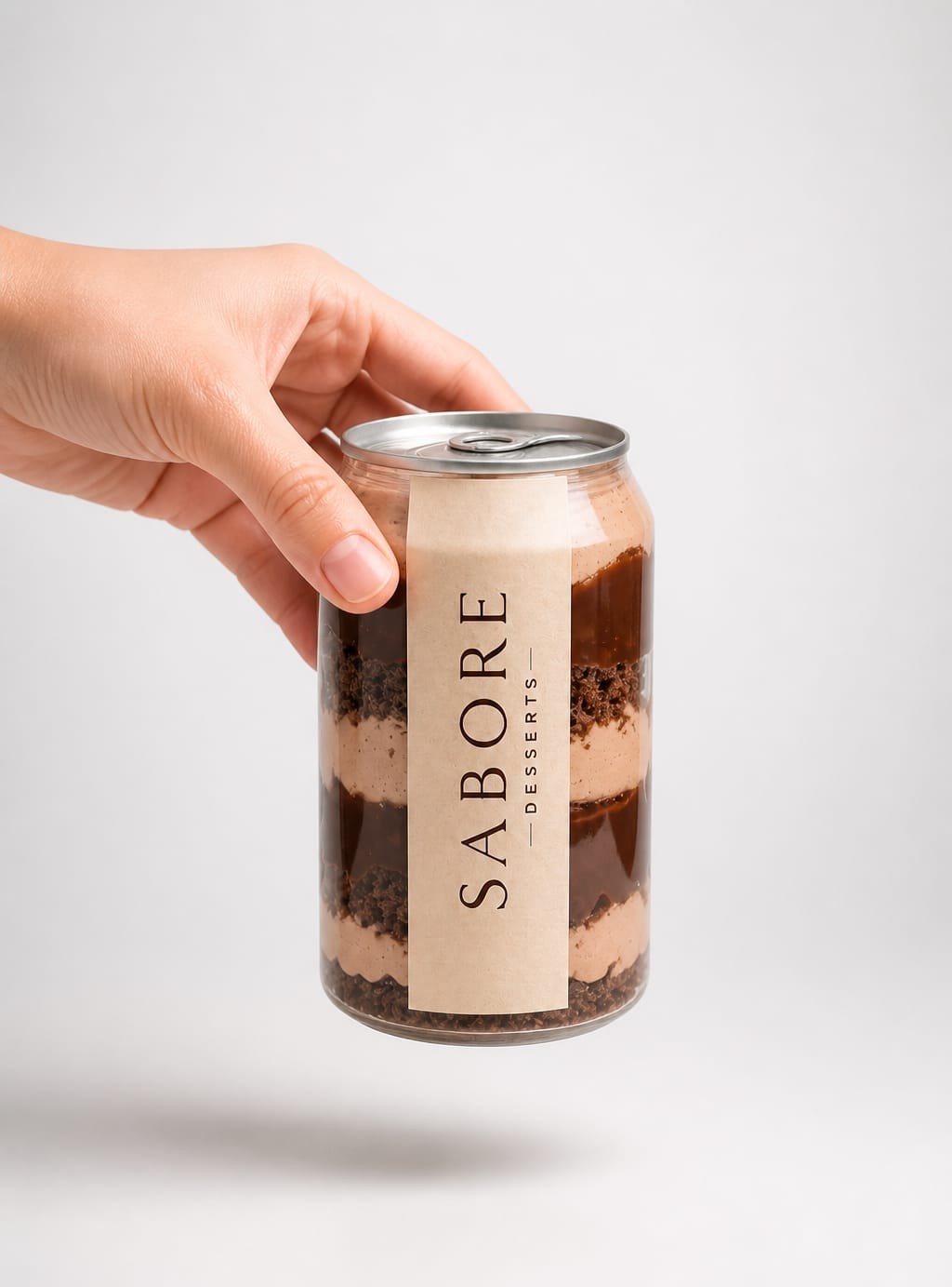 A hand holding a Sabore chocolate cake in a can